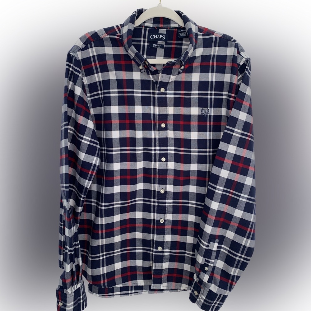 Chaps Stretch Long Sleeve Red & Blue Plaid Long Sleeve Button Down Size XL